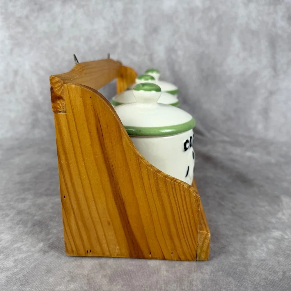 Vtg Casdia Ceramic Cow Canister Set 4Pc Wood Hanging Rack Coffee Sugar Tea Farm